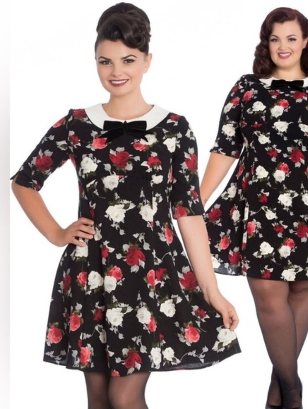 Hell Bunny Selma Rose Skater Dress XL Black Floral Peter Pan Collar Retro Pinup